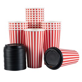Restaurantware 20 Ounce Disposable Coffee Cups With Lids, 20 Hot Cups With Lids - Sleeves Sold Separately, Single Wall, Red And White Stripe Paper Coffee Cups, For All Kinds Of Beverages