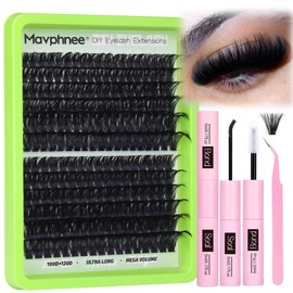 Mega Volume Lash Extensions Kit 14-24MM Long Eyelash Extension 100D 120D Lash Clusters Russian Indvidual Lashes DIY at Home D-Curly Eyelash Individuals Lash Bond and Seal Kit (216 Pcs)