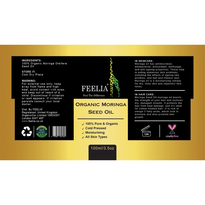 Feelia - Organic Moringa Oil - Cold Pressed, Moisturizing, Rich