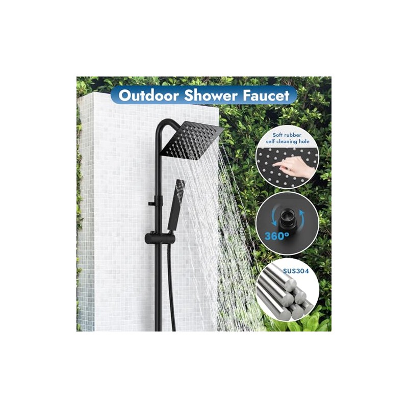 Wall Mounted Outdoor Shower System Matte Black 6" Square Rainfall