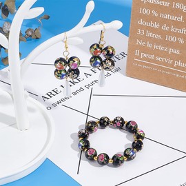 PH PandaHall 20Pcs 12mm Flower Pattern Glass Round Beads Colored Drawing Flower Picture Beads Black Mixed Model Spacer Beads for DIY Jewelry Making