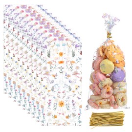 100Pcs Treat Bag Floral 10x5 in Wildflower Party Cookies Treat Bags Plastic Clear Goodie Gift Bags Floral Treatbags with Ties Cookies Goodie Bag Candy Gift Wrapping for Summer Holiday Tea Party Favors