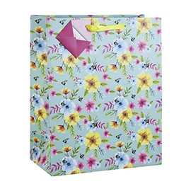 Eurowrap Spring Flowers Mothers Day Easter Summer Bees Birthday Occasions Gift Bag with Gift Tag (Large Bag Blue)