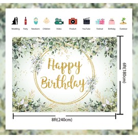 Green Happy Birthday Backdrop Greenery Eucalyptus Leaves Birthday Photography Background for Kids Adults Jungle Neutral Theme Birthday Party Baby Shower Decorations Supplies (8x6FT: 96x72 inch)