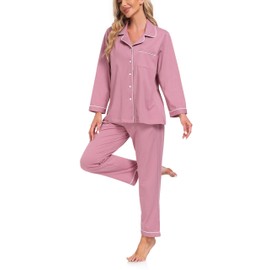 COLORFULLEAF Women's Pyjamas 100% Cotton with Button Placket Long Sleeve Pyjamas Set Two Piece Sleepwear Leisure Suit, Dark rose long sleeve