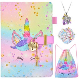 Kids Diary with Lock and Key, Girls Unicorn Journal Notebook Drawstring Bag Stickers Necklace Unicorn Gifts Set for Girls