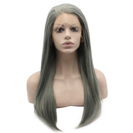 Mxangel Heat Friendly Fiber Lace Front Natural Long Straight Dark Green Gray Lace Wig