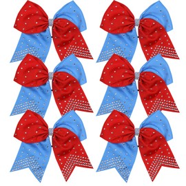 8 Inch 2 Colors Cheerleader Bows Ponytail Holder with Rhinestones Hair Tie Cheerleading Bows 6 Pcs (Columbia Blue/Red)