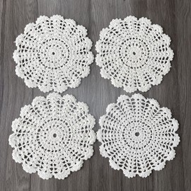 4 PCS Beige 7 Inch Round 100% HANDMADE Crochet Lace Coaster Placemats Doilies (Beige, 7")