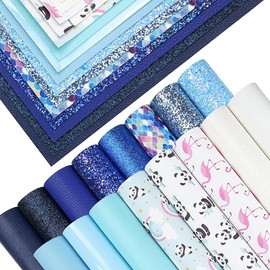 16 Piece 8x6 Inch Contrast Color White Blue Royal Blue Series Faux Leather Fabric Sheets Include Litchi Fine Chunky Glitter Patent Mermaid Scale Panda Flamingo Pattern for Leather Earring Bows Making