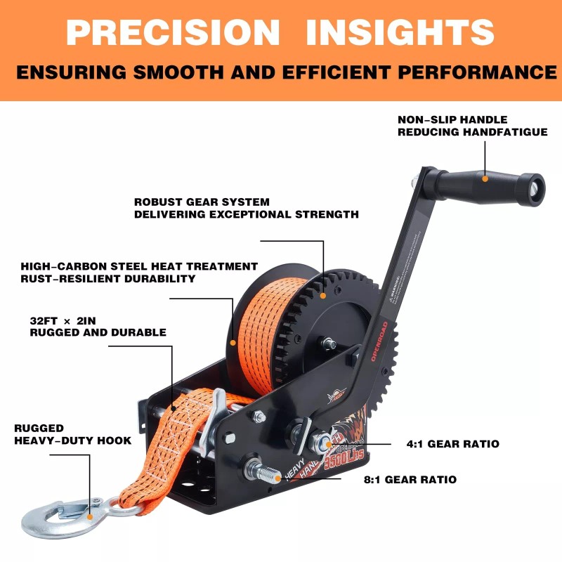 OPENROAD 3500LB Boat Trailer Winch - Heavy Duty Hand Winch