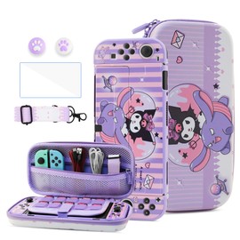 HYPERCASE Cute Switch OLED Carrying Bag Purple Bunny for Console&Accessories, with Switch OLED Dockable Cover PC Hardshell, Screen Protector, Shoulder Strap & 2 Kawaii Thumb Caps