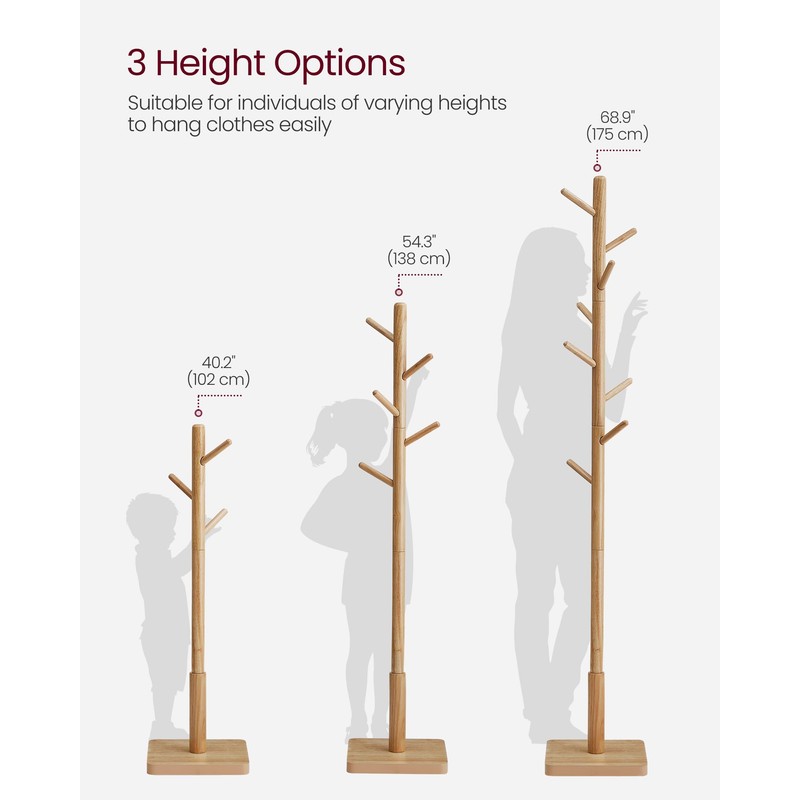 VASAGLE Solid Wood Coat Rack, Free Standing Hall Coat Tree