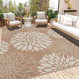 Ileading Waterproof Outdoor Rug 8x10, Reversible Plastic Straw Patio Rug, Portable Indoor Outdoor RV Camping Mat Carpet for Deck, Porch, Balcony, Backyard, Picnic, Floral Brown