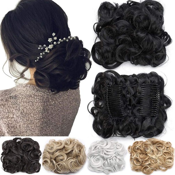 Short Messy Curly Dish Hair Bun Extension Easy Stretch hair Combs Clip in Ponytail Extension Scrunchie Chignon Tray Ponytail Hairpieces Black