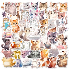 Bric Dodo Pack of 50 Watercolour Cat Stickers Car Laptop Phone Guitar Skateboard Motorcycle Bicycle Cat Stickers Set Vinyl Waterproof Aesthetic Stickers for Teenagers Children Adults