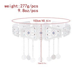 Fashion Ethnic Coin Tassel Crystal Waist Belt Chains For Women, Silver Alloy Summer Beach Birthday Party Skirt Jeans Jewelry Accessories Gift,Assyrian Empire Flag Belt Design Style