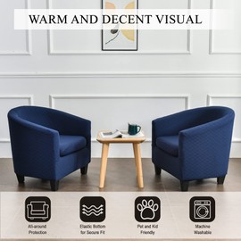 Club Chair Slipcover 2 Piece Stretch Jacquard Tub Chair Cover Round Barrel Chair Covers Non Slip Armchair Covers Couch Covers with Elastic Bottom for Bar Counter Living Room, Jacquard Navy