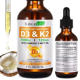 Vitamin D3 K2 Liquid Supplement 60ml | 2-in-1 Supplement | Vitamin D3 5000 IU with K2 (MK-7) 120 mcg | Vitamin D & K Supplement for Bone and Calcium Support | Fast Absorption