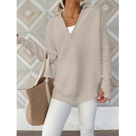 ANRABESS Women's 2024 Fall Long Sleeve Half Zip Casual Oversized Ribbed Knit Pullover Sweater Top Thumb Hole Trendy Outfits Gray Apricot Large