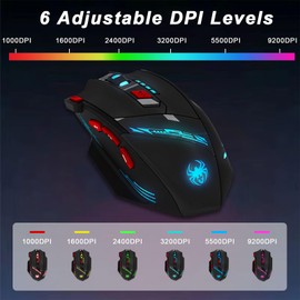 XuanGui T90 Gaming Mouse with Side Buttons, Optical Wired Gaming Mouse with 9200 DPI, 8 Programmable Buttons, with RGB Lighting, Weight Tuning (Black)