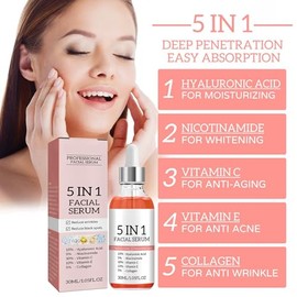 Vitamin C Face Serum, 5 In 1 Anti Aging Serum With Vitamin C, Vitamin E, Hyaluronic Acid, Collagen and Nicotinamide, Vitamin C Serum For Facial Moisturizing, Firming Skin And Even Skin Tone 30ml