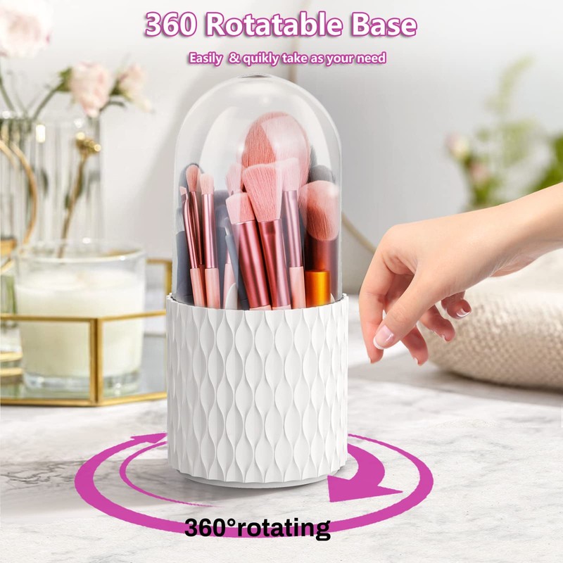 Makeup Brush Holder Organiser with Lid, 360° Rotating Dustproof Make