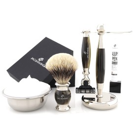 Jag Shaving Jag's Lee 3 Piece Shaving Set 3 Piece Shaving Set Razor with 3 Blades Silver Tip Badger Hair Brush Elegant Imitation Green Horn Shaving Stand