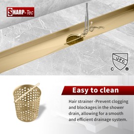 Sharp-tec Shower Drain, 24 inch Linear Shower Drain, Gold 304 Stainless Steel Rectangular Shower Floor Drain with Adjustable Leveling Feet, Hair Strainer, cUPC Certified, ST-096-24G