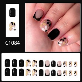 Short Square Press on Nails Flower Fake Nails with White Floral Design Daisy Stick on Nails Glossy Black French Tip False Nails Reusable Full Cover Black Glue on Nails for Women Girls Manicure 24Pcs