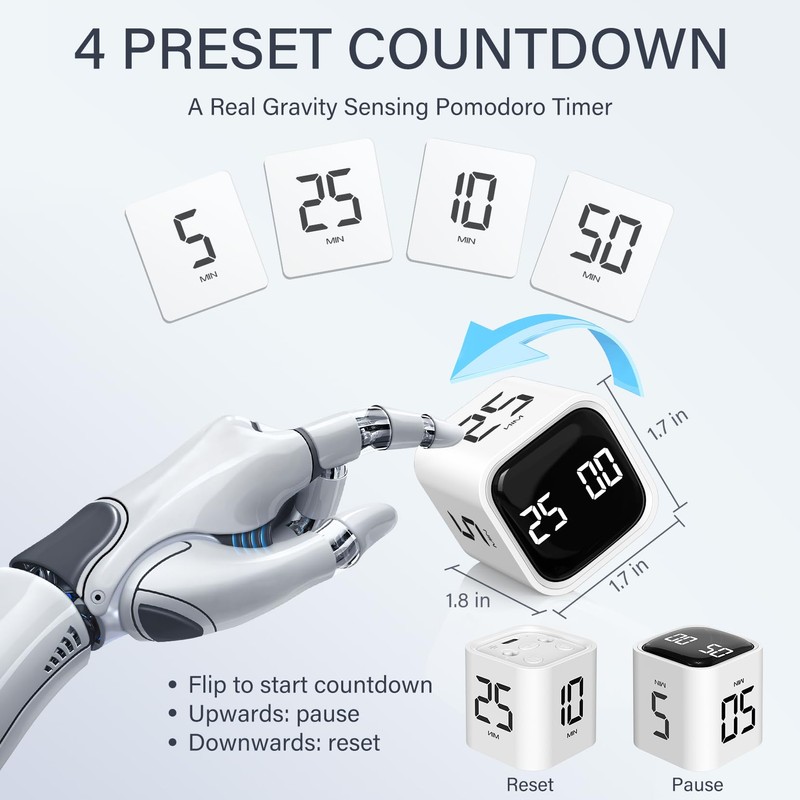 Rotating Pomodoro Timer 5, 25, 10 50 Minutes Preset, Desk