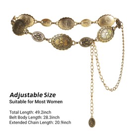 Metal Chain Belt for Women Cowgirl Western Country Chain Belts Adjustable Concho Belt for Sweaters Dresses Jeans Skirt(Gold)