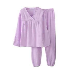 Women's Pajamas, Spring and Summer, Room Wear, 100% Cotton, Marshmallow Cotton, Double Gauze, Comfortable to the Touch, V-Neck, Sleepwear, Loungewear, Sweat Absorbent, Quick Drying, lavender, XL