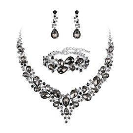 BriLove Wedding Bridal Jewelery for Women Austrian Crystal Teardrop Cluster Statement Necklace Dangle Earrings Link Bracelet Set Grey Black Silver-Tone