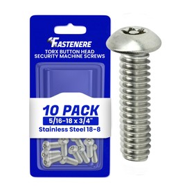 Fastenere Torx Security Machine Screws - 5/16-18 x 3/4" (10-Pack) Stainless Steel, Tamper-Resistant, Button Head Screws, Bolt Screw for Higher Level of Safety & Theft Prevention