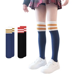 GENTABY Girls Knee High Socks Winter Striped 2 Pairs Party Wear Cotton Dress Long School Uniform Socks Women Stocking 4-7 Years