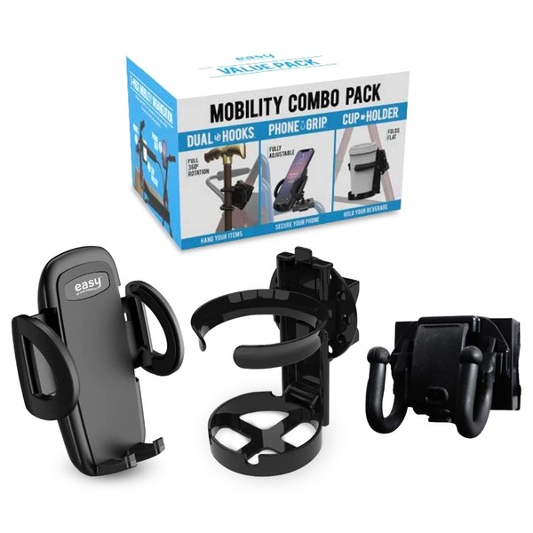 Mobility Combo Pack, Hook, Phone and Cup Holder for Walker, Portable Beverage Holder for Wheelchair and Strollers, Easy to Install Stretch Strap Fits up to 2” Diameter