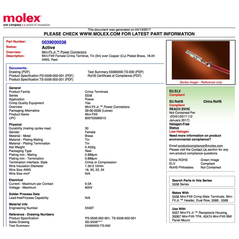 Molex 4-Pin Black Connector Pitch 4.20mm.0165" w/18-24 AWG Pin Mini-Fit