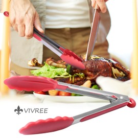 MEKBOK Kitchen Tongs Set - Salad & Grill Stainless Steel Serving Tongs with Silicone Tips - 9"&12" (Red)