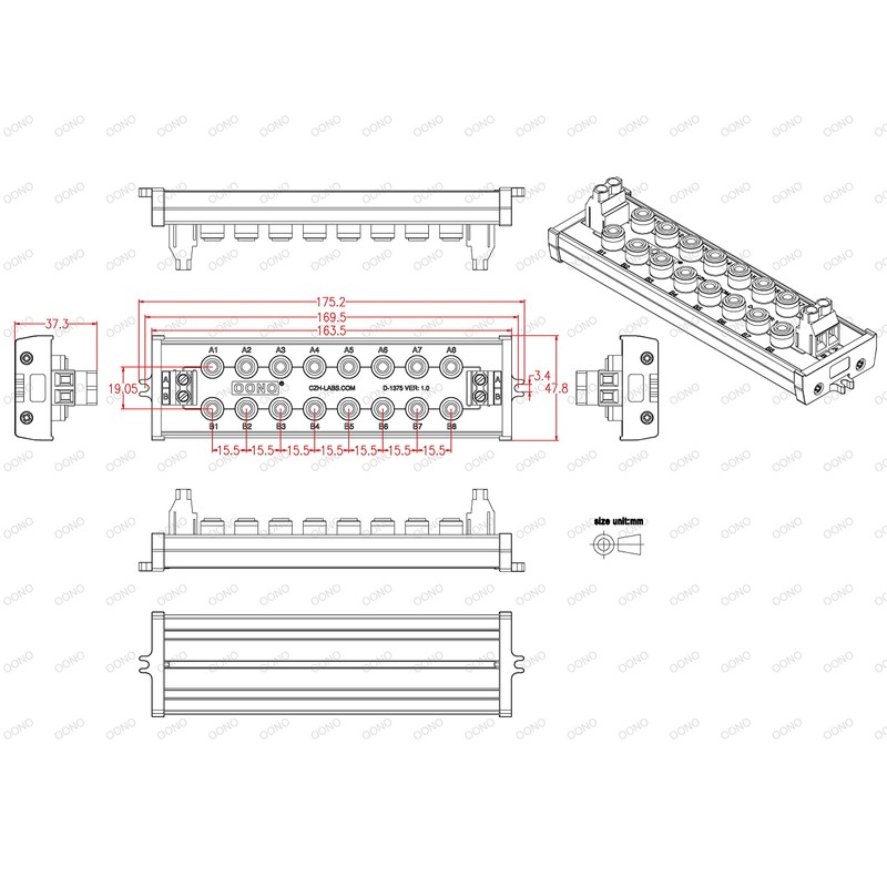 Screw Mount 2 x 8 Position Banana Jack Distribution Module,