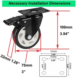 3" Heavy Duty Locking Casters 4 Set 1150 LBS Capacity Industrial PU Wheels with Dual Brakes 360° Silent Swivel for Workbenches Workshop Restaurant Equipment Hospital or Medical Carts Bakery Racks