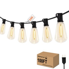 GHUSTAR 100FT LED Outdoor String Llights (NOT Solar) – Patio Lights Outdoor Waterproof for Outside – 2700K Vintage Edison Bulb String Light – Shatterproof Hanging Light for Cafe Porch Deck