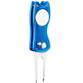 FINGER TEN Golf Divot Repair Tool and 3 US Ball Markers Switchblade Gift Pack, Foldable Magnetic Stainless Steel with Pop-up Button for Men Women (Blue 1Pc)