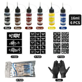 ElevaPulse Henna Tattoo Set with 6 Colours - Henna Black and Black Henna for Vivid Body Art - Complete Set Including 3 Stencils, Gloves and Applicators for Creative Tattoo Designs Festivals