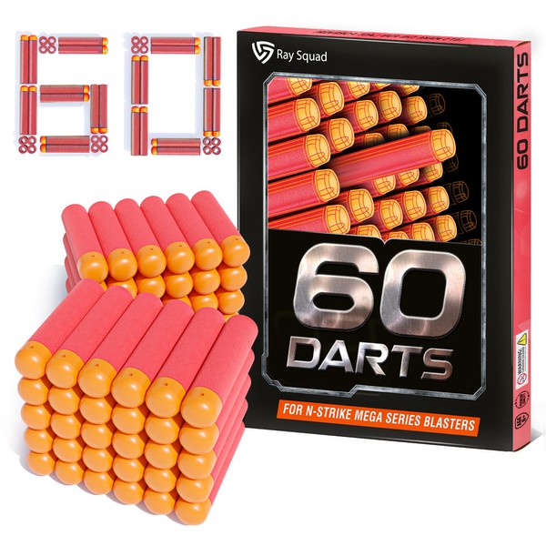 (60 Pack) Ray Squad Nerf Mega Darts Pack - Universal Mega Pack, Mega Dart Refill Pack, Mega Gun Darts, Mega Darts for Nerf Guns, Nerf Mega Bullets, N-Strike Guns Compatible, Nerf Darts Mega