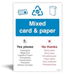 Pack of 2 Mixed card and paper WRAP Recycling Bin Signs - Waterproof Indoor/Outdoor Vinyl Stickers - Wheelie Bin and Waste Containers Signs - Recycling Signs with symbols