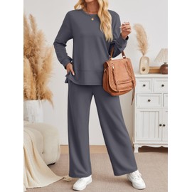 AUTOMET Womens 2 Piece Sweatsuits Outfit Fall Casual Lounge Sets Side Slit Sweatshirt Wide Leg Pants Tracksuit 2025 Fashion Cozy Travel Airport Loungewear with Pockets DGrey L
