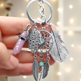 Dreamcatcher Evil Eye Keychain Good Luck Charms Protection Evil Eye Ornament for Car Key Ring (Cherry Quartz)