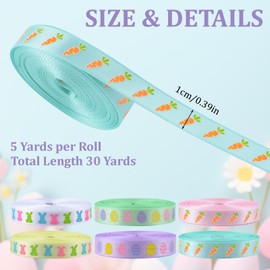 WANDIC 6 Rolls 30 Yards Easter Animal Theme Ribbons，Rabbits&Carrots Patterns Fabric Ribbons Easter Eggs Edge Ribbon for Present Wrapping Bows Wreath Making