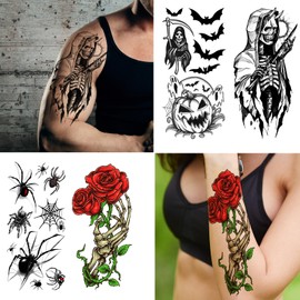 52 Sheets Black Halloween Temporary Tattoos for Kids Men Women, Include 10 Sheets Large Half Arm Sleeve Fake Tattoos, 200+ PCS Spider Snake Tiger Lion Skull Bat Vampire Scar Halloween Tattoos